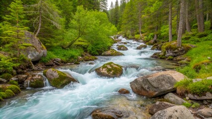 Obraz premium Flowing river in a lush forest during spring with vibrant greenery and smooth rocks along the banks