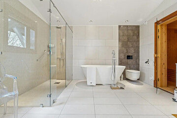Modern bathroom interior in minimal scandinavian style