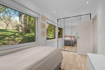 Modern luxury bedroom interior in minimal scandinavian style