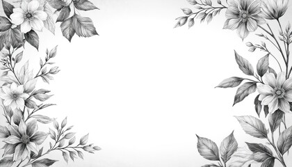 Elegant hand-drawn floral border in grayscale. Features intricate leaves, flowers with delicate detail, soft shading. Timeless botanical illustration provides sophisticated, classic design element