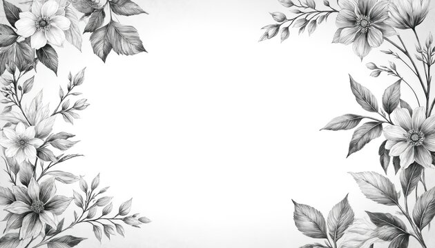 Elegant hand-drawn floral border in grayscale. Features intricate leaves, flowers with delicate detail, soft shading. Timeless botanical illustration provides sophisticated, classic design element