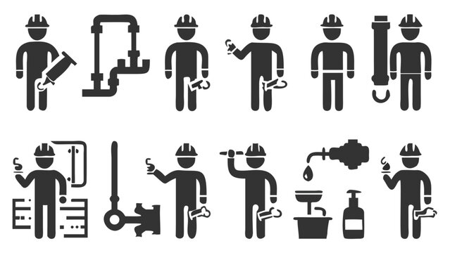 Illustrations of Plumbers in Action With Plumbing Tools and Equipment Black and White Icons Great for Service Business