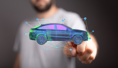 Innovative automotive technology.  Digital car model visualization.  Future of driving.