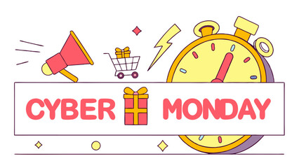 Illustration of cyber monday sale with megaphone, shopping cart, gifts, lightning and stopwatch timer