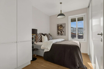 Modern luxury bedroom interior in minimal scandinavian style