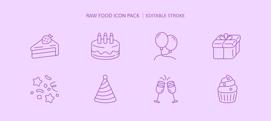 Party icon set, Balloon, gift box and confetti decoration element for Happy Birthday, Valentine or Anniversary celebration special day. Drinks and food, champagne, cupcake, cheesecake editable icons.