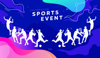A sports day celebration design featuring silhouettes of athletes playing football, tennis, volleyball, basketball, and more, set against a vibrant abstract background. Festive and energetic. sports