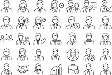 Fototapeta premium Profession people vector icon set featuring various careers like doctor, teacher, engineer, chef, pilot, nurse, and more. Great for resume, infographic, and web design use.