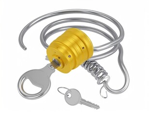 Metallic Bicycle Lock With Gold Cylinder and Coiled Cable Isolated on White Background