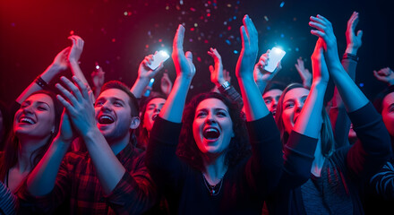 Crowd of Young People Dancing Enjoying Concert in Nightclub with Colorful Lighting