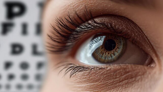 Close-Up of Human Eye with Eyelashes and Eye Chart