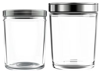Clear glass storage containers with metal lids, perfect for organizing and preserving food items. These versatile jars are ideal for kitchen use and display.Isolated on transparent background