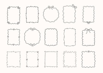 Whimsical frame with hand drawn bow and ribbon for romantic party or french holiday card. Pink decorative line and cute vintage border.