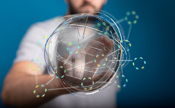 Abstract image of a person holding a digital globe, representing global networking and connectivity.