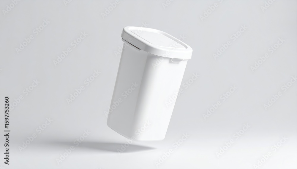 Poster minimalist white trash bin mockup with touch lid hovering on soft gray background studio shot