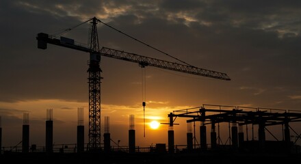Construction crane sunset silhouette