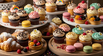 Colorful Assorted Cupcakes and Pastries Displayed on Wooden and White Plates