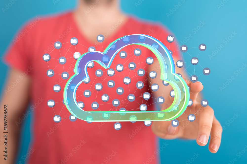 Poster person interacting with a digital cloud, showcasing secure data storage and easy access.