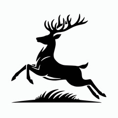 Fototapeta premium Solid black silhouette vector of a jumping deer with antlers, white background