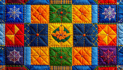 The quilt showcases an intricate arrangement of colorful squares, featuring spider web motifs and bold geometric shapes. Perfectly crafted for autumn decor or festive occasions