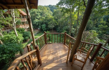 Wooden balcony terrace offers elevated view of green jungle park. Rustic treehouse architecture blends with nature. Offers eco-friendly resort stay, adventure activity, relaxation in natural forest