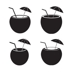coconut cocktail with straw umbrella and leaf set bundle