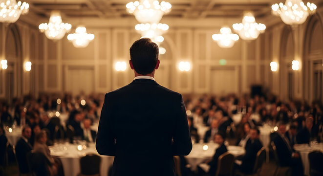 Businessman Standing in Elegant Conference Room Filled with Audience and Chandeliers