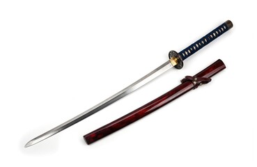 Japanese samurai sword featuring steel blade, shiny crimson red scabbard with navy blue cord wrapping on handle. Sword displays meticulous craftsmanship, traditional design elements, ideal for