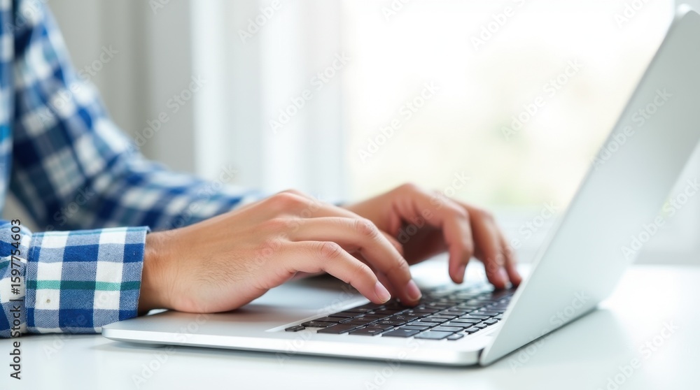 Fototapete Digital art showing hands dynamically typing on a centrally placed sleek laptop, with bright soft lighting and white minimalist background.