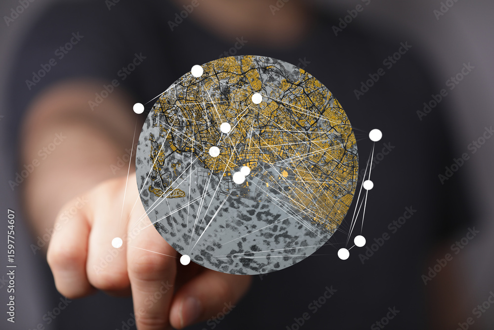 Poster person interacting with a digital globe showing network connections. ideal for technology, globaliza