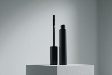 Sleek matte black mascara tube with brush, elegantly displayed on pedestal. minimalist design highlights product modern aesthetic, perfect for beauty enthusiasts