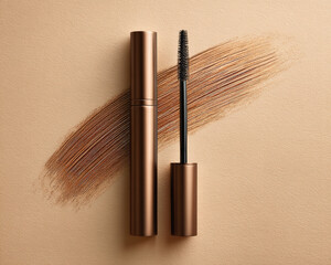 Luxurious bronze mascara tube with sleek design, placed next to brush and warm ecru background. elegant composition highlights beauty and sophistication