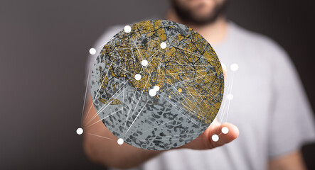 Abstract image depicting global network connections and data flow. Ideal for technology,...