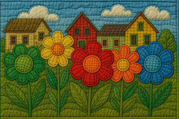Bright patchwork-style illustration with colorful flowers and village houses on a stitched fabric texture
