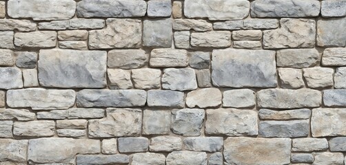Seamless pattern of textured stone wall in various gray, beige shades. Natural rough rock blocks arranged in staggered rows create classic, durable building material background. Perfect for