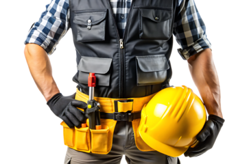 Construction Worker Holding Tools and Safety Helmet – Isolated on a White Background as Transparent. PNG. AI GENERATED
