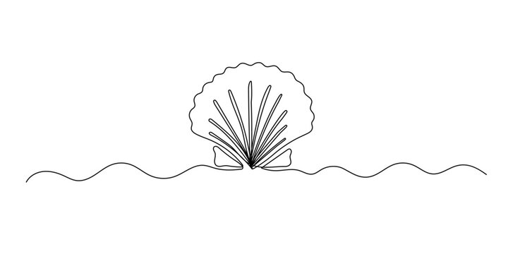 Seashell one line vector illustration. Hand drawn doodle continuous sketch isolated on white background