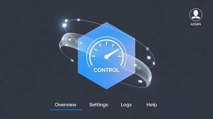 Blue hexagon gauge with orbiting lights and admin icon technology interface