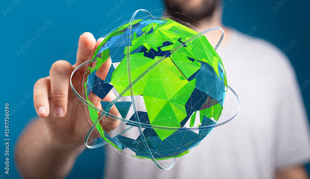 Poster hand interacting with a digital globe. represents global connectivity, technology, and networking.