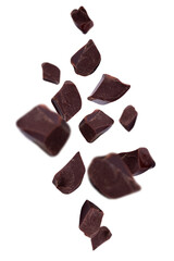 Levitation of chocolate chunks isolated on a transparent background.