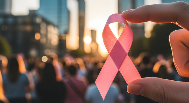 Pink Ribbon Awareness Symbol Held by Hand in Sunset Crowd Supporting Breast Cancer Prevention