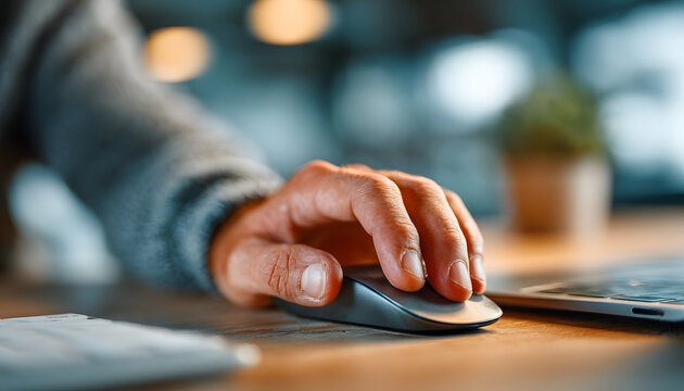 Close-up of person hand using computer mouse, clicks it. Person works at office. Man controls device at computer, working on laptop