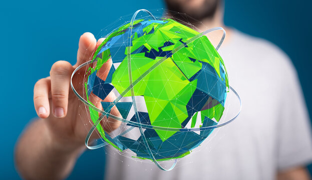Hand interacting with a digital globe.  Represents global connectivity, technology, and networking. - Powered by Adobe
