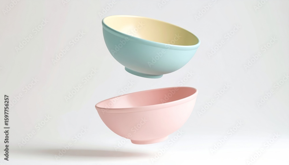 Poster three pastel nesting bowls in triangular arrangement floating on white background