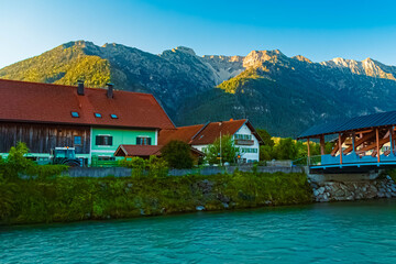 Fototapeta premium Alpine summer view at Eschenlohe, Garmisch, Partenkirchen, Werdenfelser Land, Bavaria, Germany