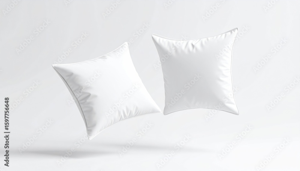 Poster two white floating pillow cases with button closure and fold against pastel clear background