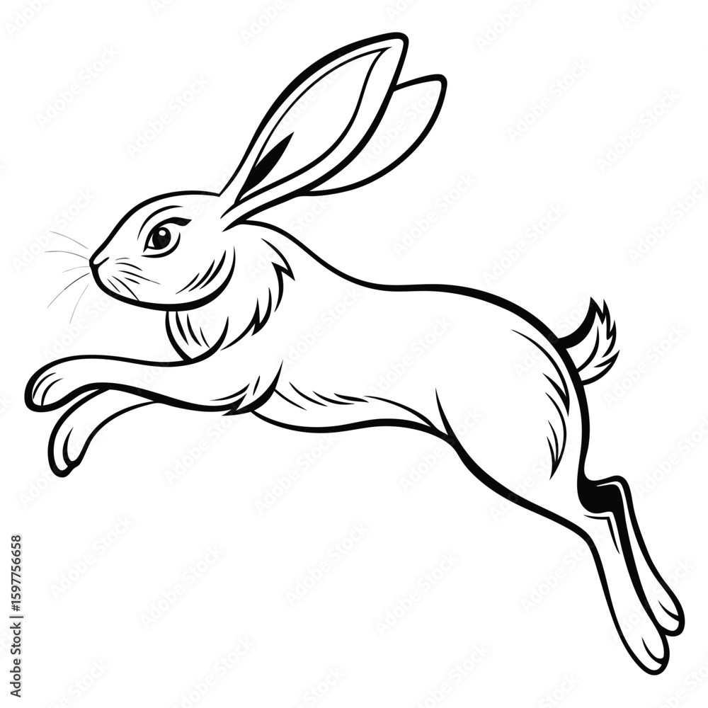 Poster minimalist one line drawing of a leaping rabbit isolated on white background