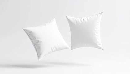 Two White Floating Pillow Cases With Button Closure And Fold Against Pastel Clear Background