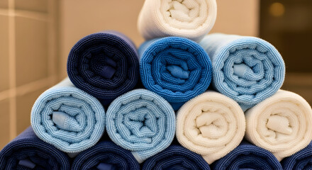 Stack of Rolled Cotton Towels in Blue White Colors in Bathroom or Spa Setting