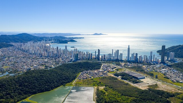 Aerial cityscape of Balneário Camboriú with ocean and skyline, Santa Catarina, Brazil.